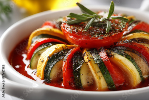 Spiral ratatouille with tomato sauce and herbs