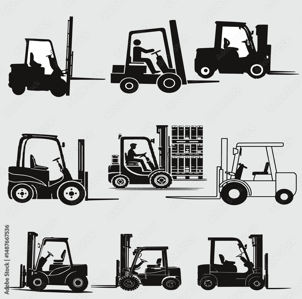 Fototapeta premium Forklift Black and White Vector Set 2