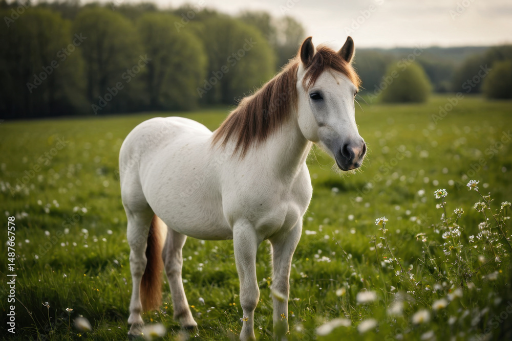 Fototapeta premium A majestic white horse stands proud on a vibrant green field, ready for its next adventure