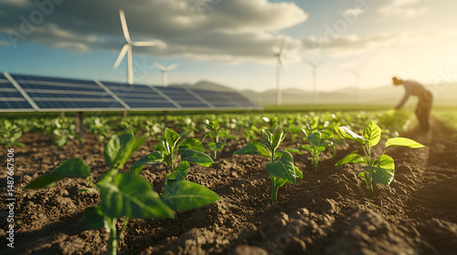 Sustainable Agriculture: A field of young crops with solar panels and wind turbines in the background showcases a commitment to renewable energy and farming.