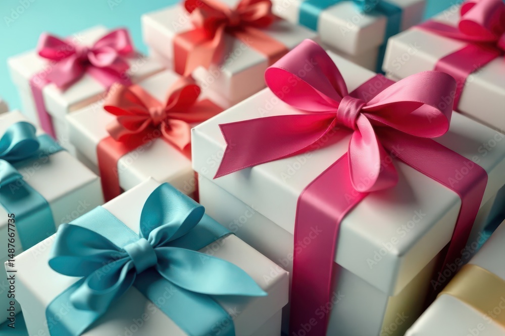 Obraz premium Neatly arranged gift boxes, topped with a large satin bow , satin, giftwrap, supplies