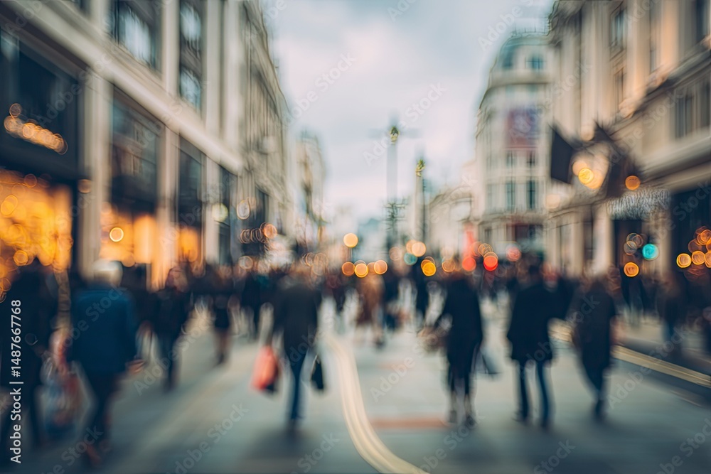 Fototapeta premium Blurred City Street Scene: A Dreamy Impressionist View of Shoppers
