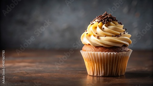 A single delicious cupcake, adorned with swirls of creamy frosting and a sprinkle of chocolate, sits on a dark brown wooden surface against a blurred background