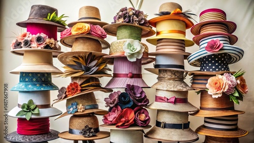 A Colorful Collection of Stacked Millinery Featuring Floral Accents and Varied Textures