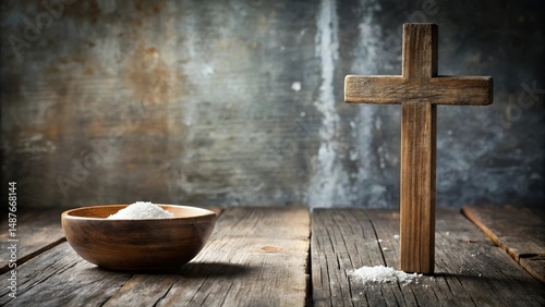 Rustic wooden cross and bowl of salt on aged wooden surface against textured background