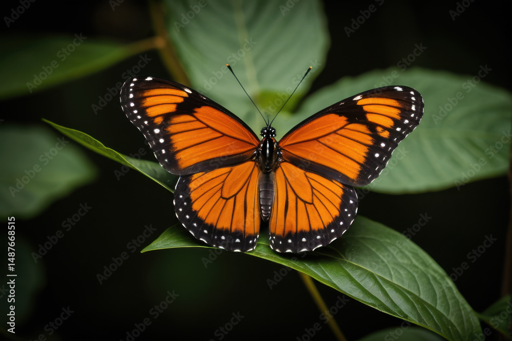Fototapeta premium A large orange butterfly perched on the edge of a green leaf, showcasing its vibrant color and delicate shape