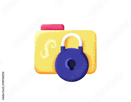 folder lock concept. encryption and password on archives. file access and protection security system. illustration of a yellow folder symbol with a padlock. flat style design with grain texture