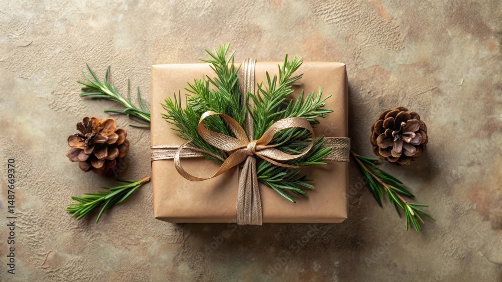 A rustic-chic gift, elegantly wrapped in kraft paper, adorned with sprigs of rosemary and a gold ribbon, complemented by decorative pine cones. A rustic-chic gift, elegantly wrapped in kraft paper, adorned with sprigs of rosemary and a gold ribbon, complemented by decorative pine cones.