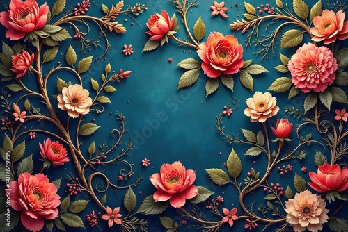 Intricate floral damask, swirling vines & leaves, floral, art, textile design