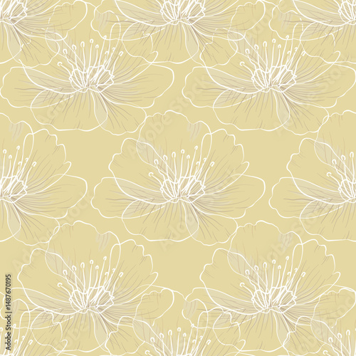 Soft blossoms whisper gently across a golden haze.

