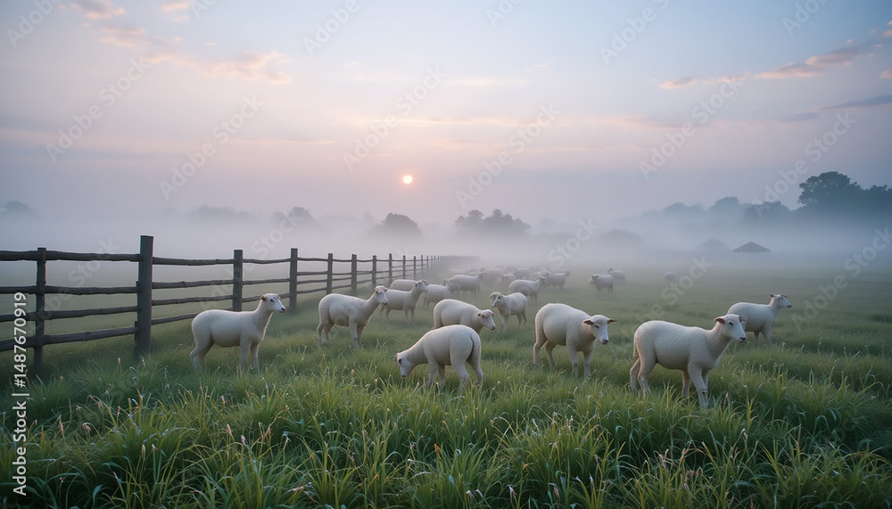 Obraz premium Pastoral Morning Fog with Sheep