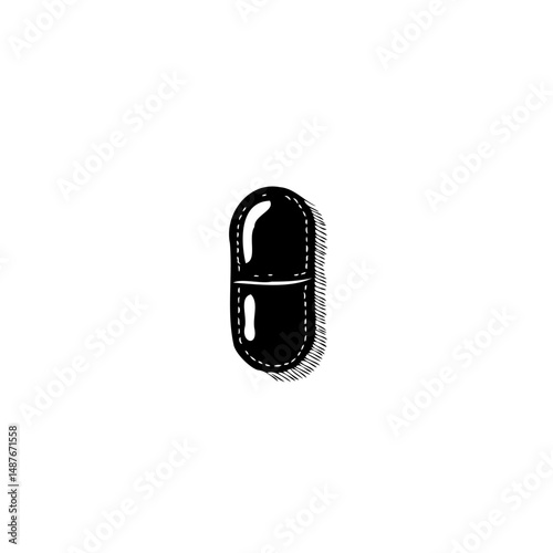 Monochrome depiction of a capsule pill with textured shading for artistic effect