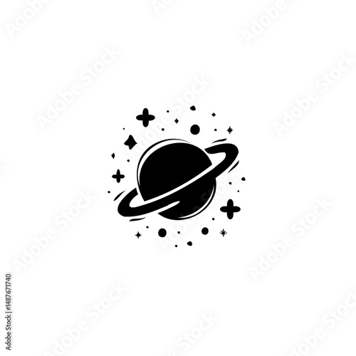 Whimsical celestial body orbiting with starry dust, abstract minimalistic design