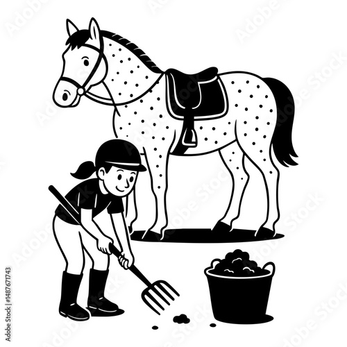 Girl cleaning up horse manure with pitchforks