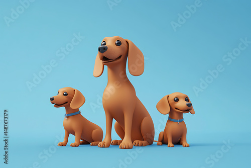 Three cartoon dachshund dogs posing playfully against a vibrant blue background
