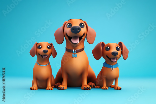 Three cartoon dachshunds posing cheerfully against a bright blue background, showcasing their playful nature