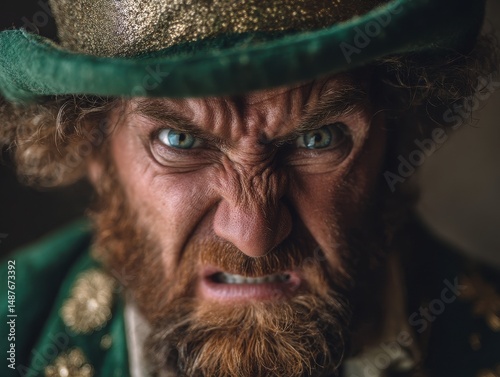Close-up portrait of a disgruntled leprechaun figure.