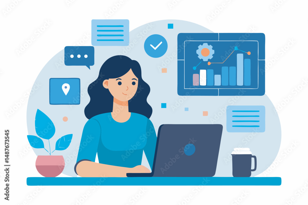 Character using artificial intelligence generative tools on computer. Women using ai SEO concept. Vector illustration.
Character using artificial intelligence generative tools on computer. Women using ai SEO concept. Vector illustration.