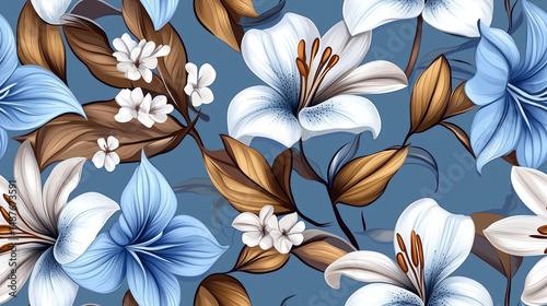 Seamless pattern of blue and white lilies with brown leaves on blue background
