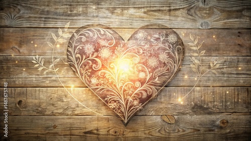 Ornate Heart Design on Rustic Wooden Background, Illuminated with a Warm Glow, and Adorned with Elegant Floral Accents