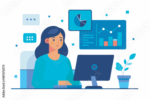 Character using artificial intelligence generative tools on computer. Women using ai SEO concept. Vector illustration.
