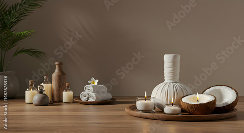 spa,  wellness,  relaxation, Serene Spa Setting with Herbal Compress, Candles, and Coconut