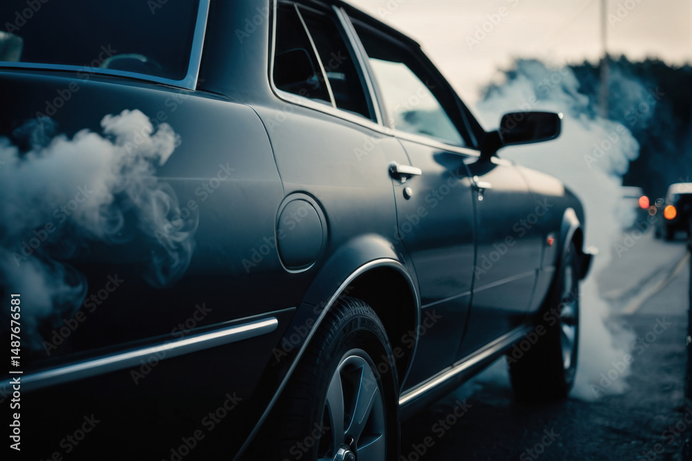 Obraz premium A car with smoke coming out of its exhaust pipes
