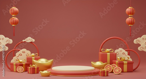 chinese new year,  lunar new year,  spring festival, Chinese New Year Festive 3D Render with Gifts and Lanterns
