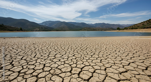 drought,  dry lake bed,  cracked earth, Dried-up Lake Bed with Mountain View