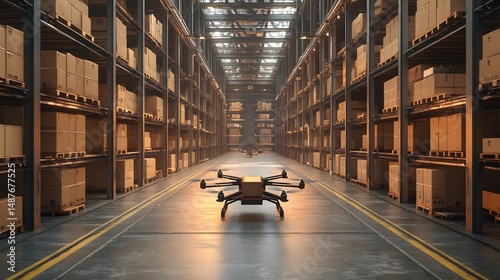 Realistic image of delivery drones unloading packages at a smart logistics hub