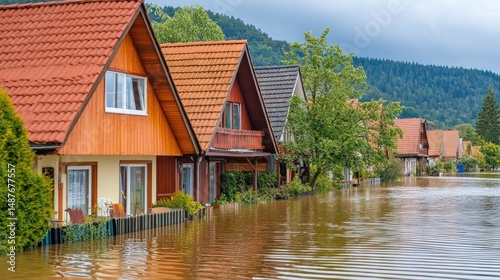 Floodwaters inundate a row of A-frame houses near a wooded hillside