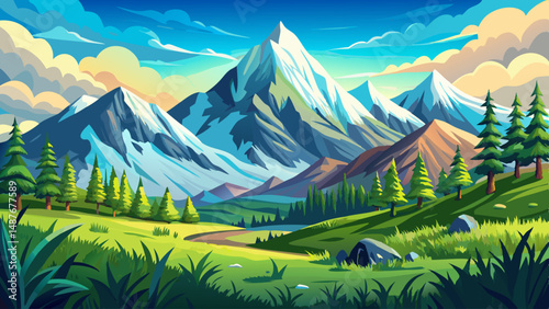 Stunning Mountain Landscape with SnowCapped Peaks and Lush Green Grass in a Beautiful Natural Setting :