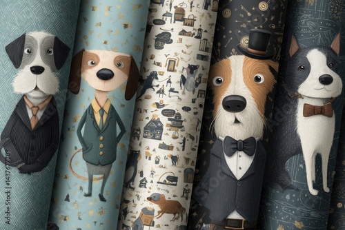 Collection of dog fabric prints featuring dapper canines.