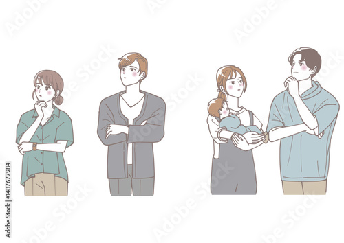 上を向いて考え事をしている人々のセット
