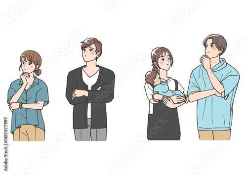 上を向いて考え事をしている人々のセット