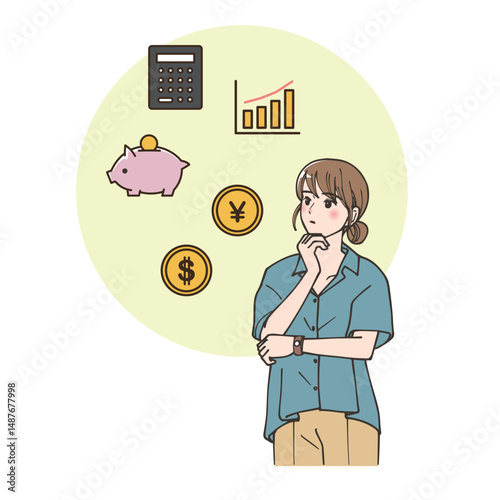 資産の増やし方について考えている女性のイラスト
