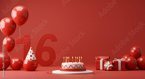 16th birthday,  sixteen,  birthday, Sweet Sixteen Birthday Celebration with Red Balloons and Gifts
