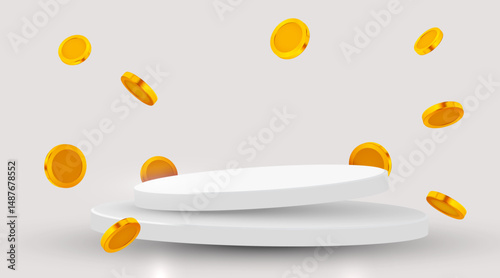 Cylinder podium with flying coins on white background.