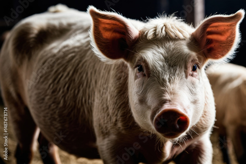 A close-up shot of a pig in its enclosure, highlighting its features and surroundings