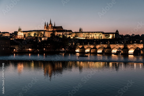 View of Prague castle and charles bridge at night