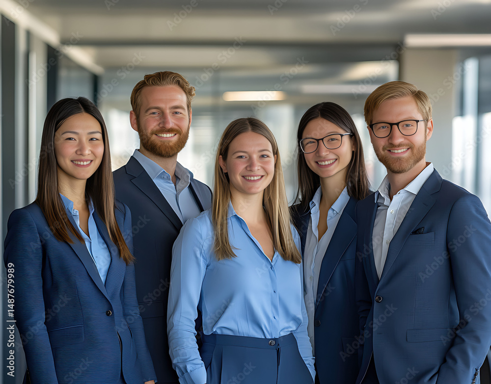 Fototapeta premium A dynamic group works together, reflecting harmony, expertise, and professionalism in a sophisticated workplace.