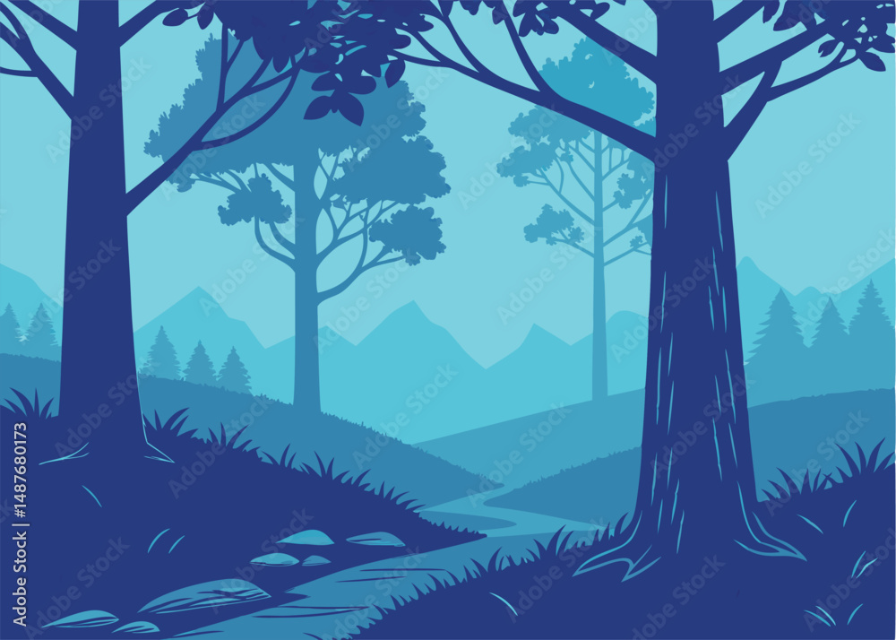 Naklejka premium Peaceful Blue Forest Landscape Silhouette