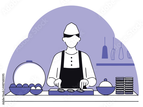 Chef preparing food on a countertop in a stylized kitchen setting