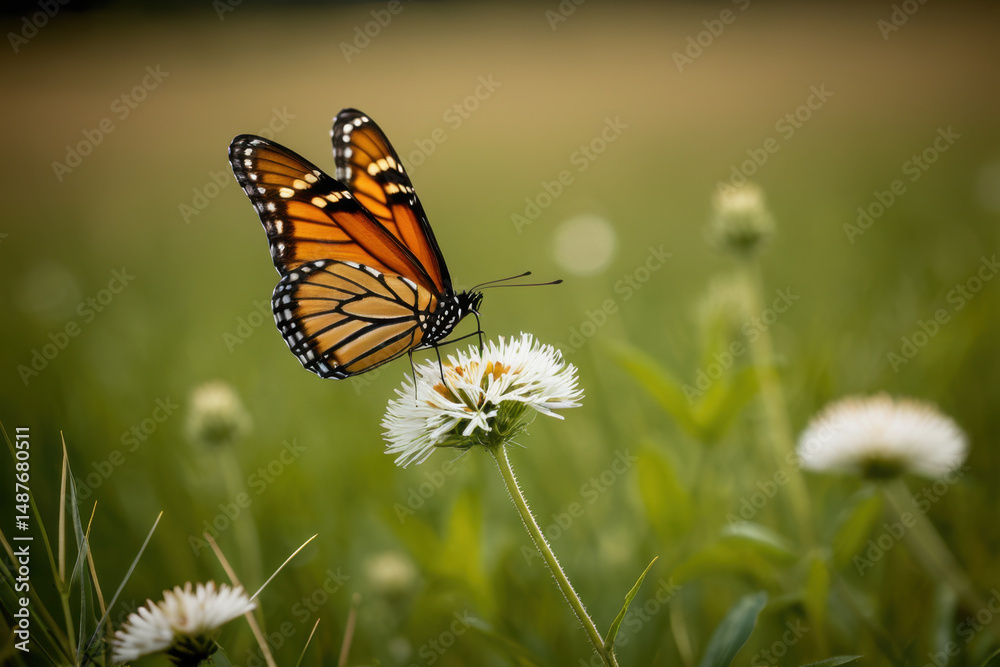 Obraz premium A butterfly perches on the petals of a white flower, with delicate details and natural surroundings