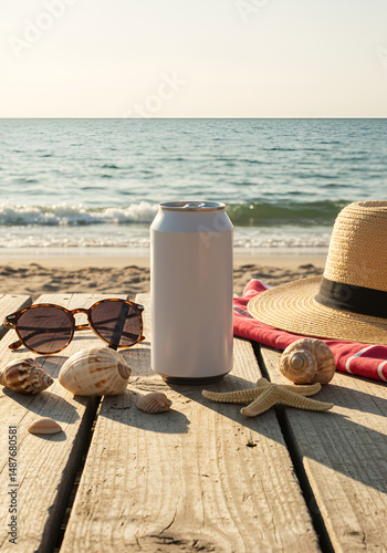 Blank aluminum can on beach
