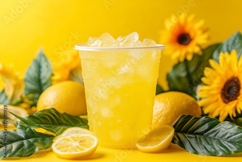 Refreshing iced lemon drink in a plastic cup. photo