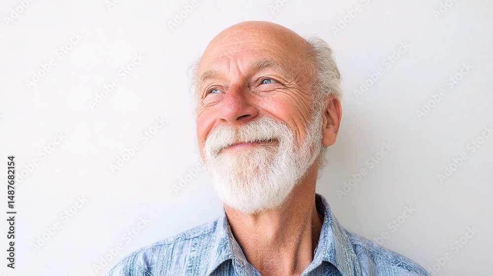 Obraz premium Joyful Senior Man Smiling Softly in Button-Up Shirt Against White Background