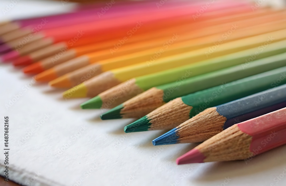 Fototapeta premium Closeup of Colorful Pencils Arranged in a Rainbow Spectrum on White Paper