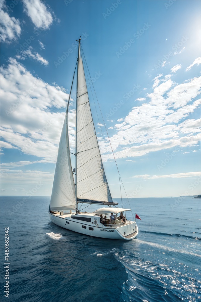 Fototapeta premium White sloop-rigged yacht sailing in the open sea on a clear day