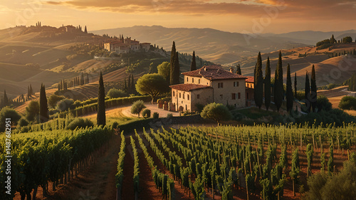 A stunning romantic scene of a Tuscan vineyard at golden hour with soft sunlight and dreamy countryside elements. Ideal for wall art, travel promotions, or nature-themed decor.